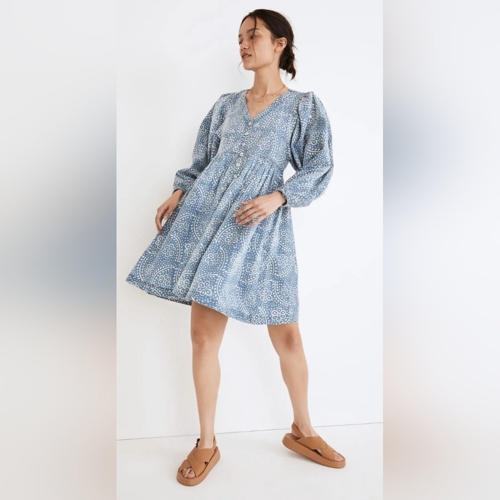 Madewell Blue and White Ruffled Bishop Sleeve Sundress